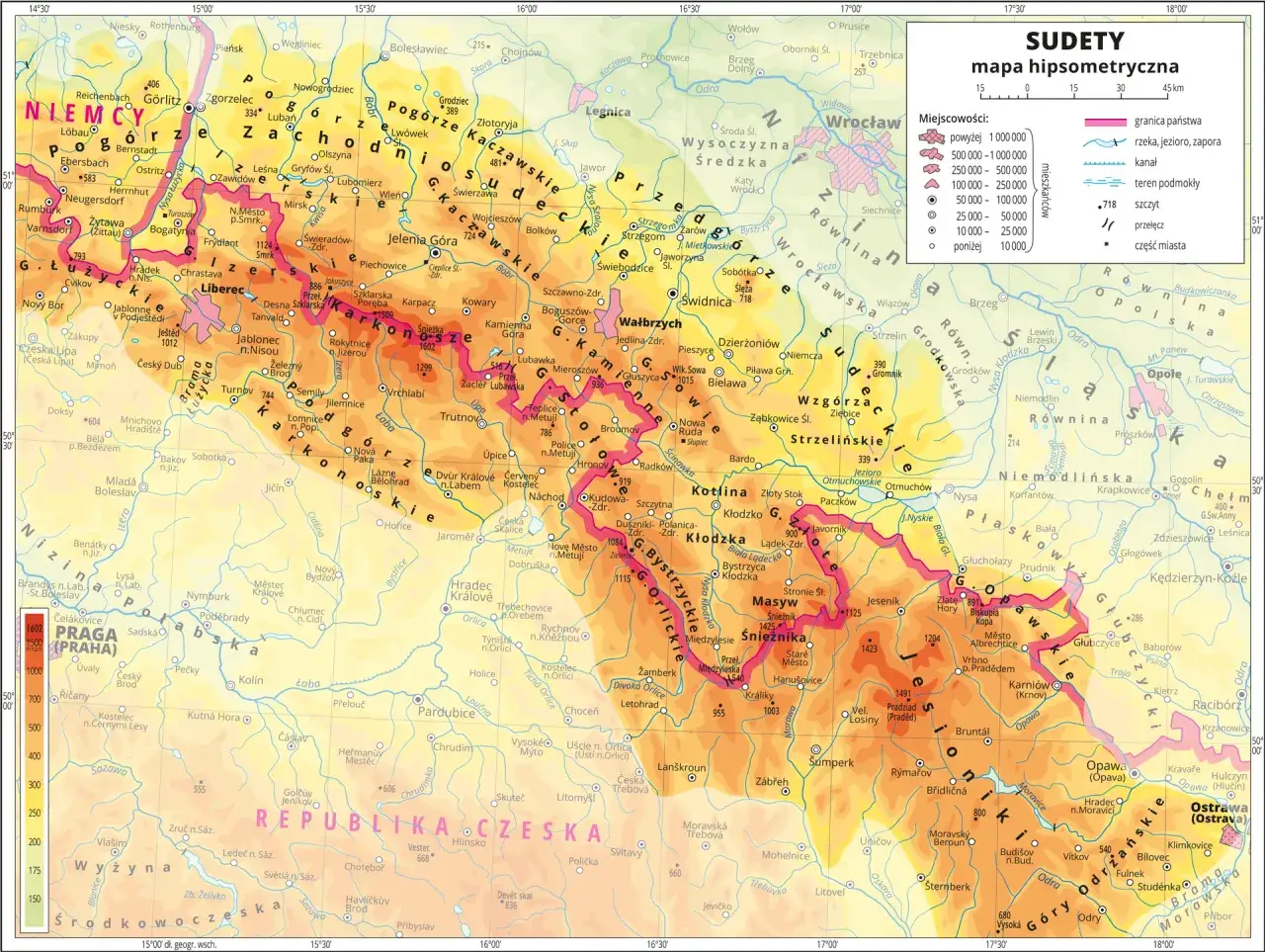 Mapa hipsometryczna Sudetów, pokazująca gdzie leżą Sudety, z zaznaczonymi miastami, rzekami i granicami państw.