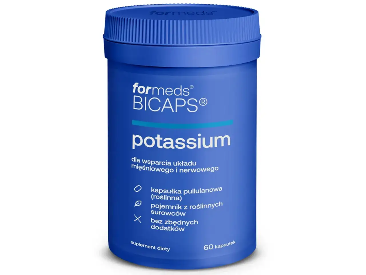 Niebieski pojemnik suplementu diety Formeds BICAPS Potassium. Warto rozważyć, kiedy brać potas, dla wsparcia mięśni i nerw&oacute;w.