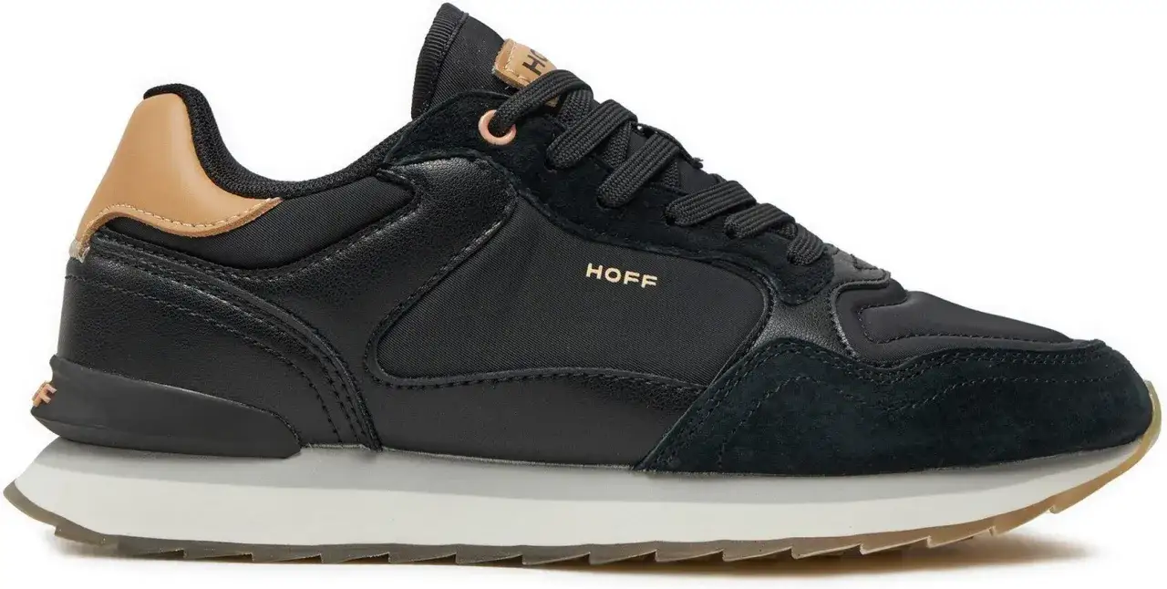 Czarne buty sportowe z zamszowymi i sk&oacute;rzanymi wstawkami. Na boku widoczne złote logo 