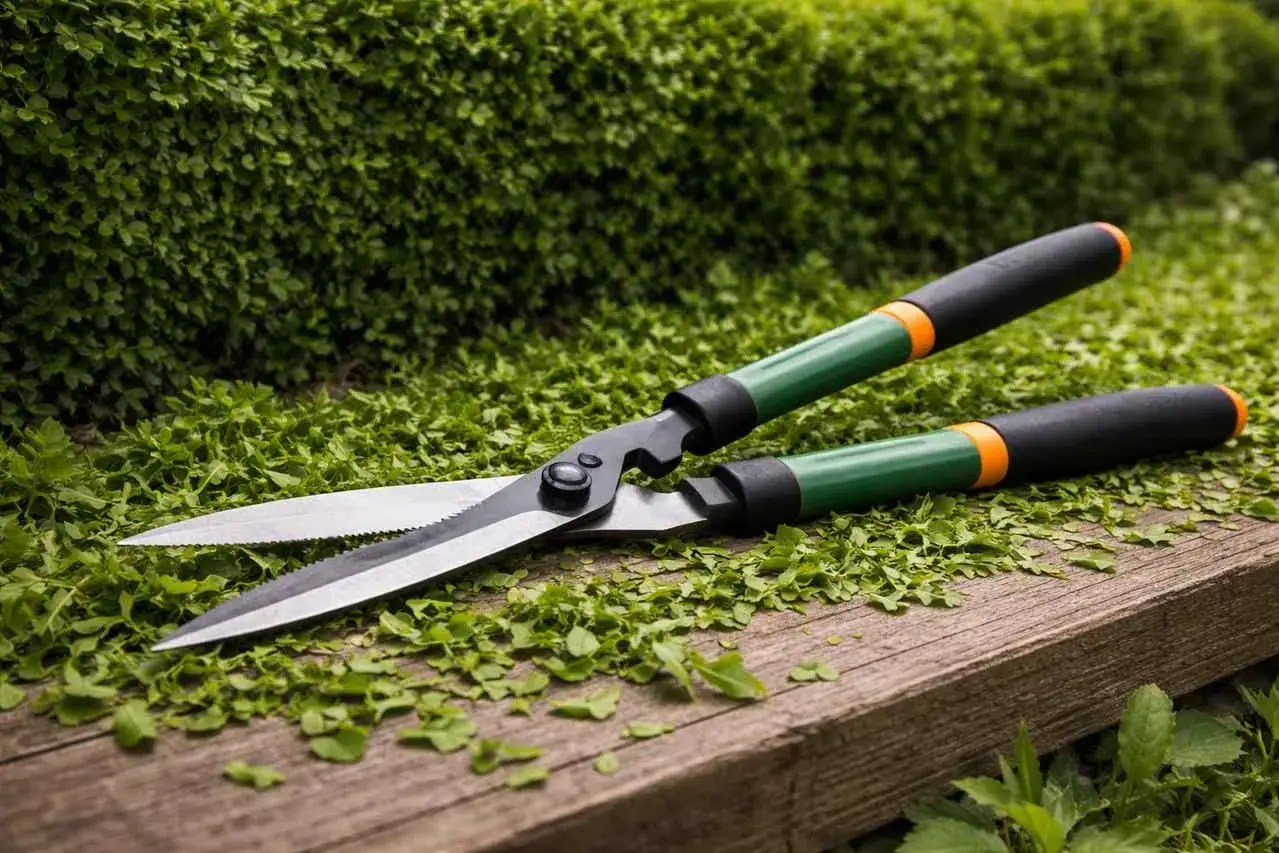 Profesjonalne kosiarki do żywopłotu leżą na ściętych gałązkach, gotowe do pracy w ogrodzie.