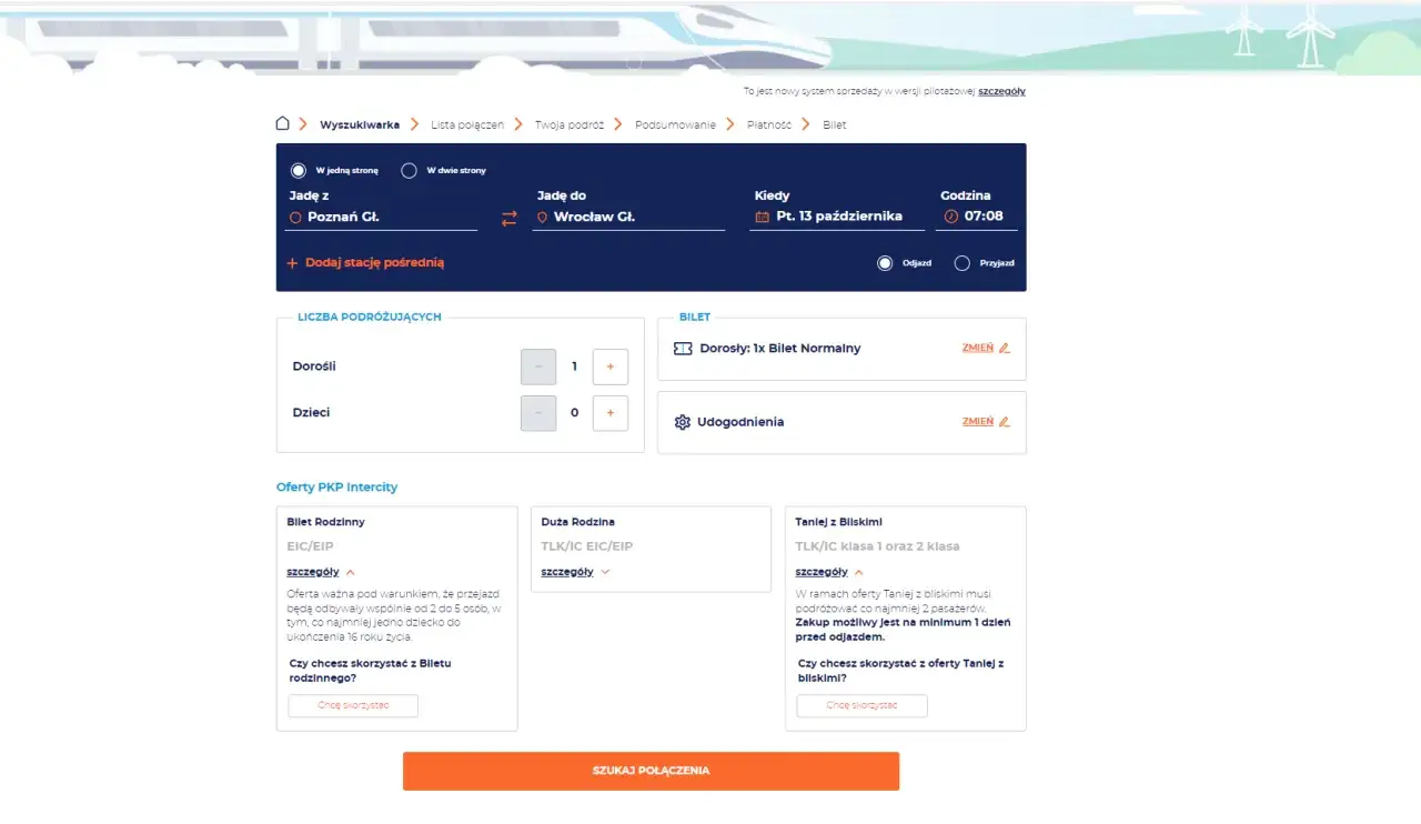 Ekran komputera z otwartą stroną zakupu biletu kolejowego