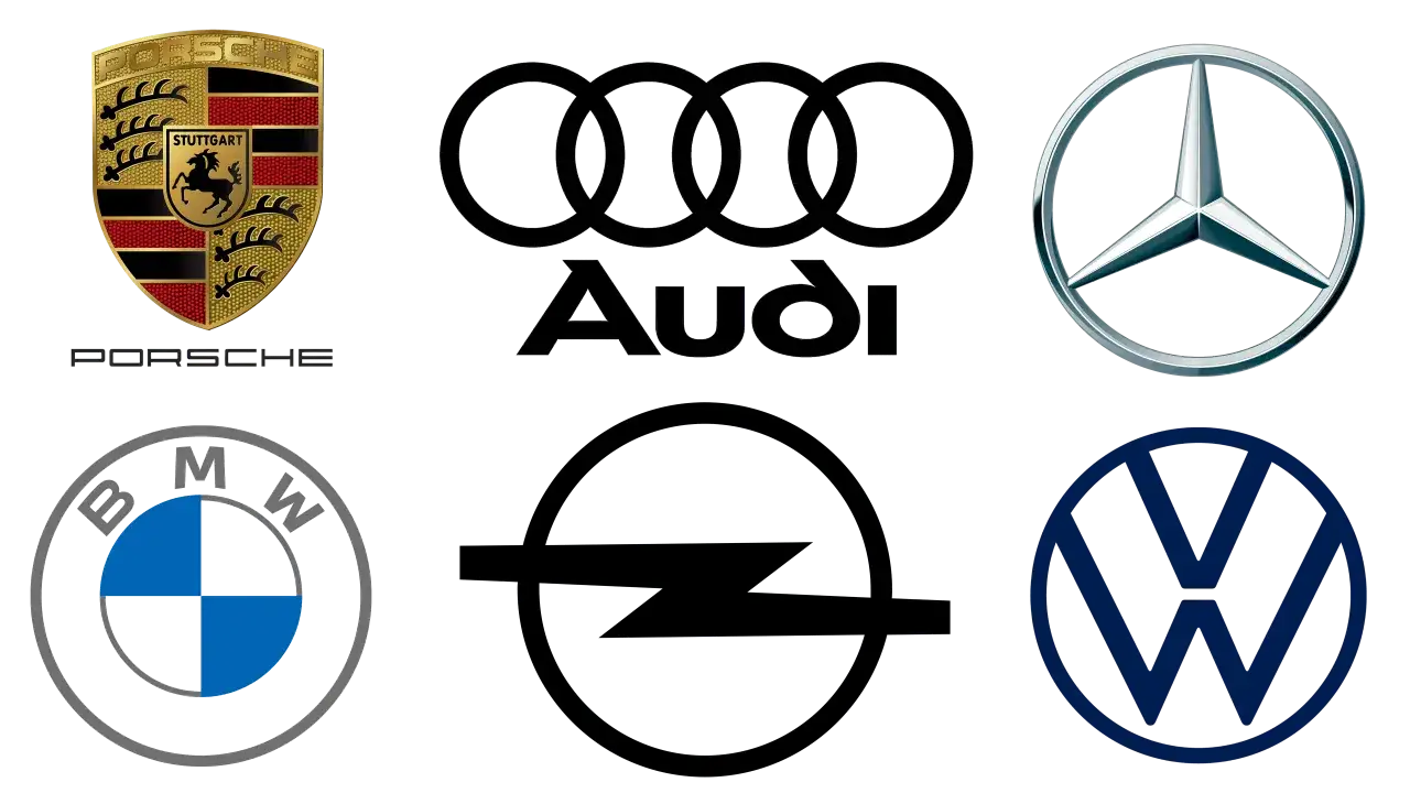 Loga Porsche, Audi, Mercedes-Benz, BMW, Opel i Volkswagen &ndash; ikony europejskie marki samochod&oacute;w.