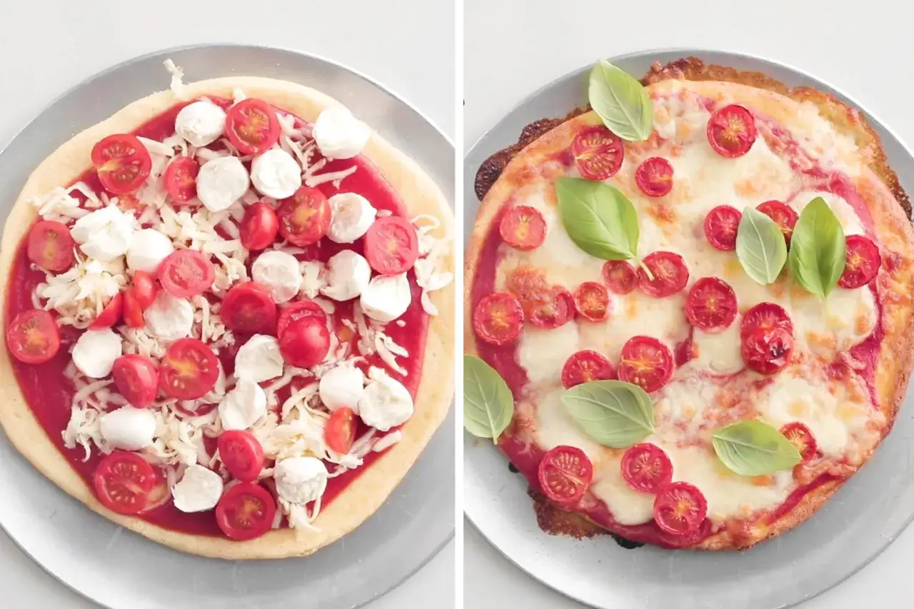 Dwie pizze: jedna surowa z pomidorkami i mozzarellą, druga upieczona, z bazylią. Pyszna pizza keto!