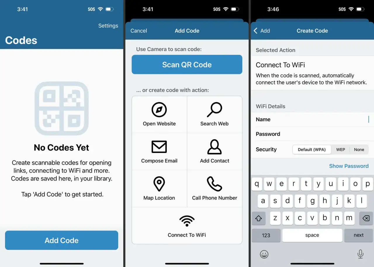 Jak udostępnić hasło do Wi-Fi na iPhone. Aplikacja pozwala tworzyć kody QR do połączenia z siecią Wi-Fi, wpisując nazwę i hasło.