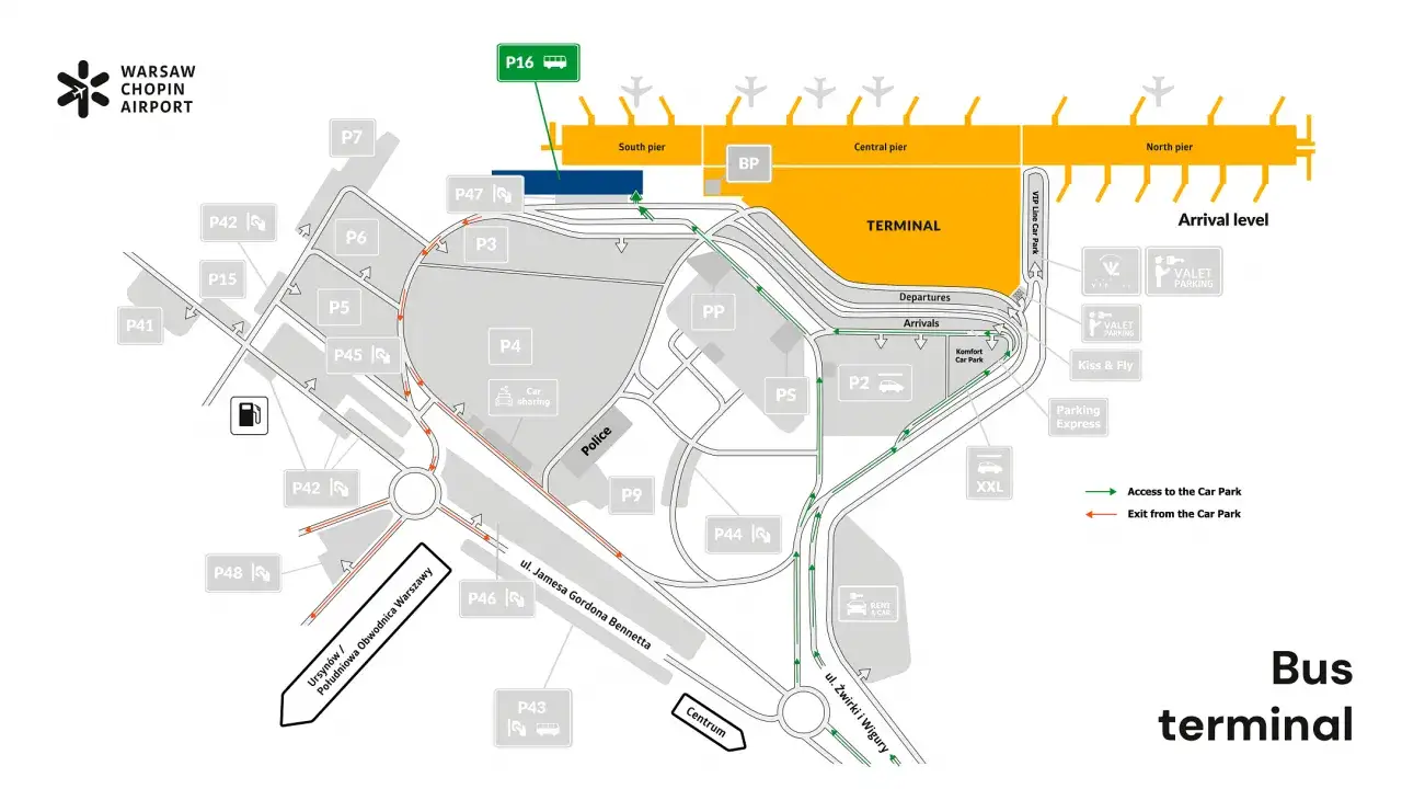 Mapa Lotniska Chopina transport publiczny taks&oacute;wki
