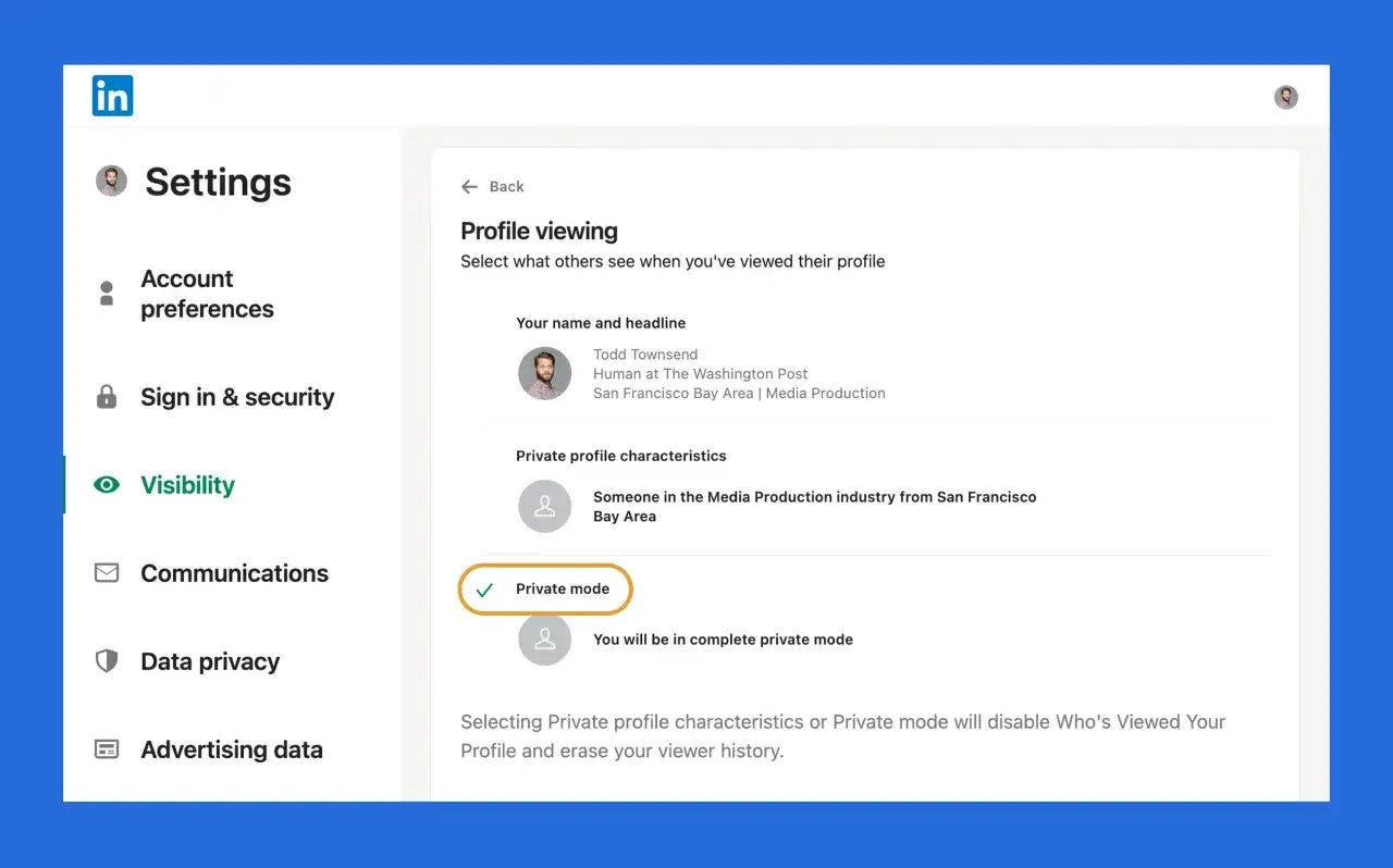 Ustawienia prywatności LinkedIn: jak ukryć profil przed szefem podczas szukania pracy. Włącz tryb prywatny.