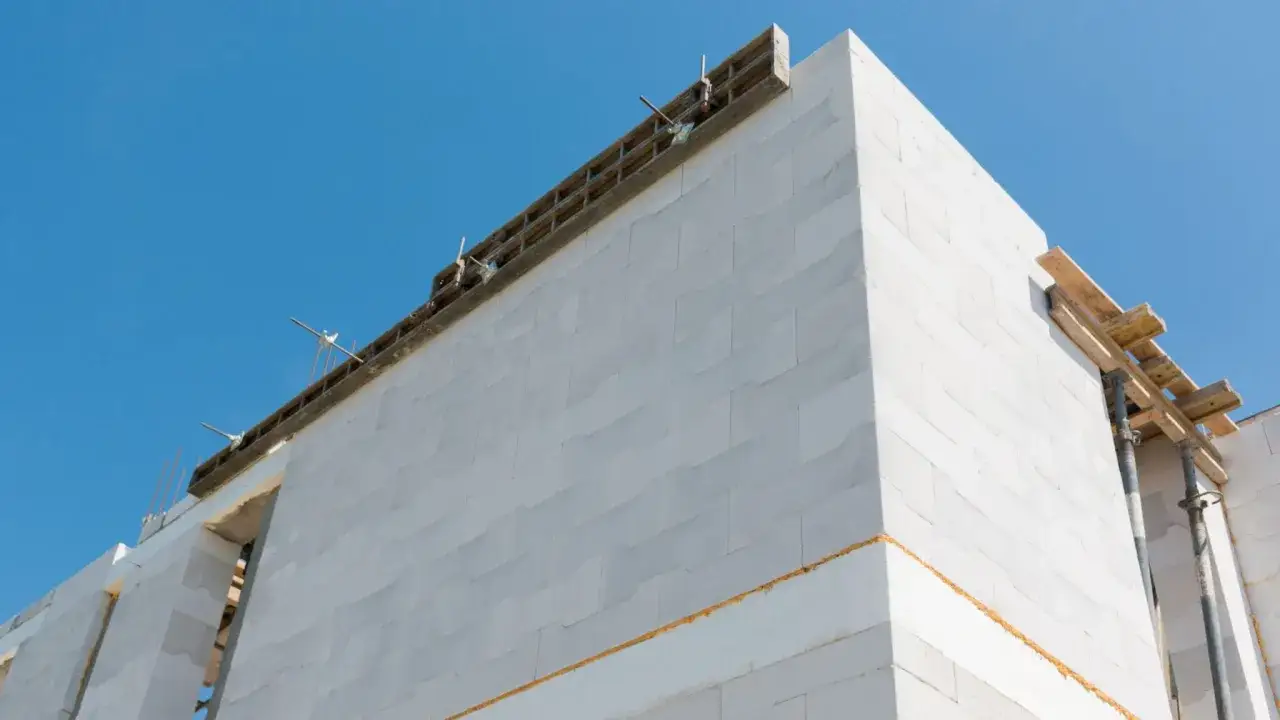 Budowa domu z perlitu. Białe bloczki tworzą ściany, a nad nimi widać szalunki i zbrojenie.