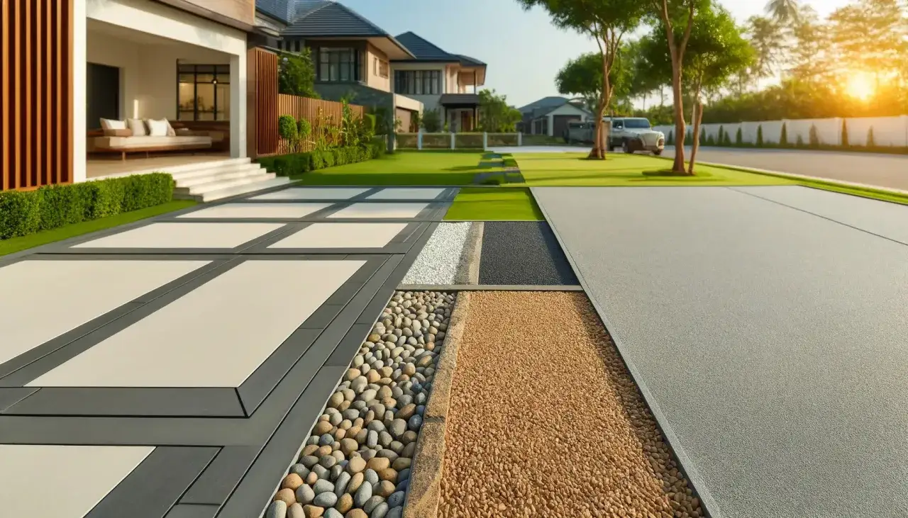 Nowoczesne rozwiązania co zamiast kostki na podjazd: płyty betonowe, kamienie, żwir i asfalt. Elegancki dom w tle.