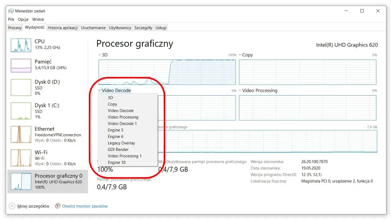 Menedżer urządzeń Windows 10 karta graficzna