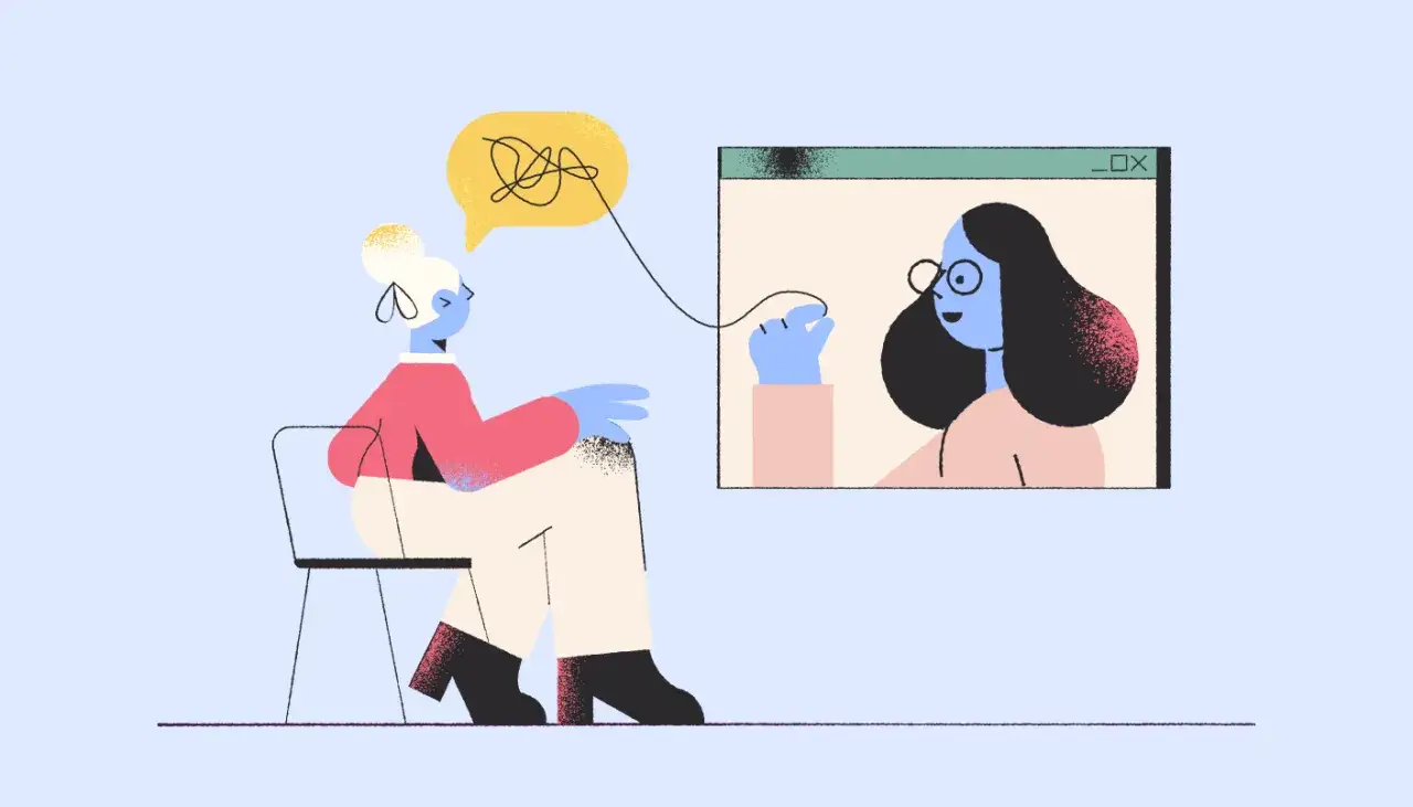 Rozmowa terapeutyczna online. Kobieta siedzi na krześle, a jej myśli (żółta chmurka) łączą się z ekranem komputera, gdzie druga osoba tłumaczy, co to jest PTSD.