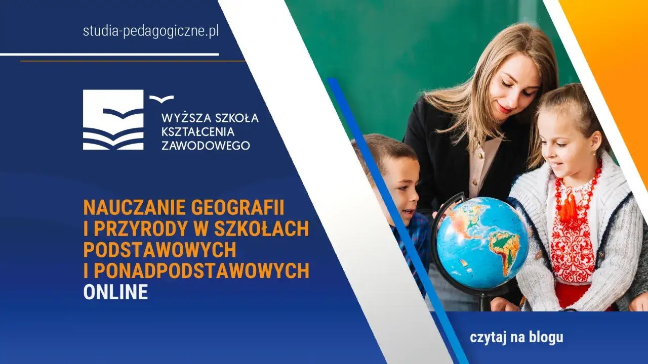 Nauczycielka geografii z dziećmi przy globusie. Czy nauczyciel geografii może uczyć przyrody? Dowiedz się więcej na blogu.