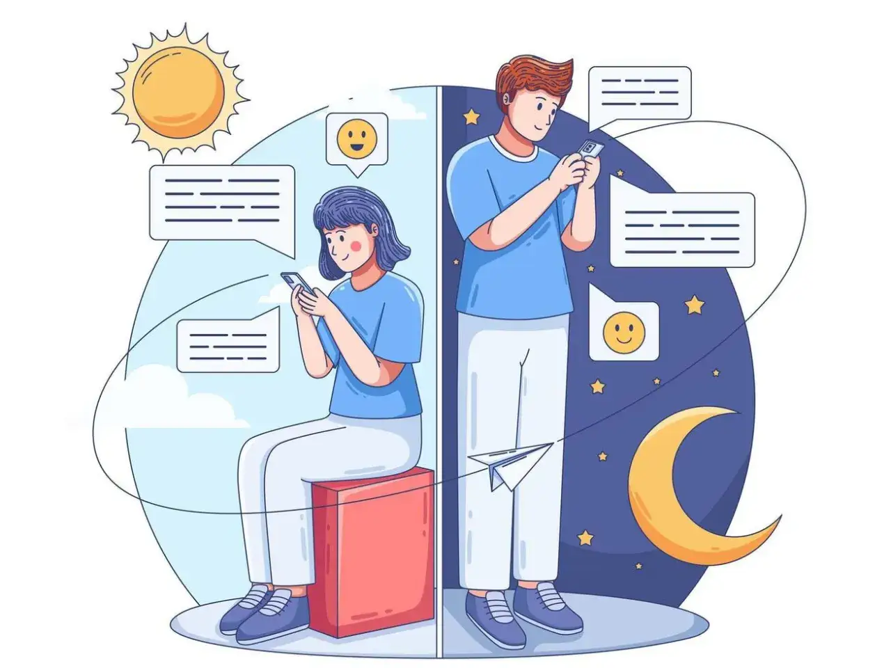 Dziewczyna i chłopak piszą do siebie przez telefon, ucząc się, jak zacząć rozmowę przez internet. Słońce i księżyc symbolizują czas.