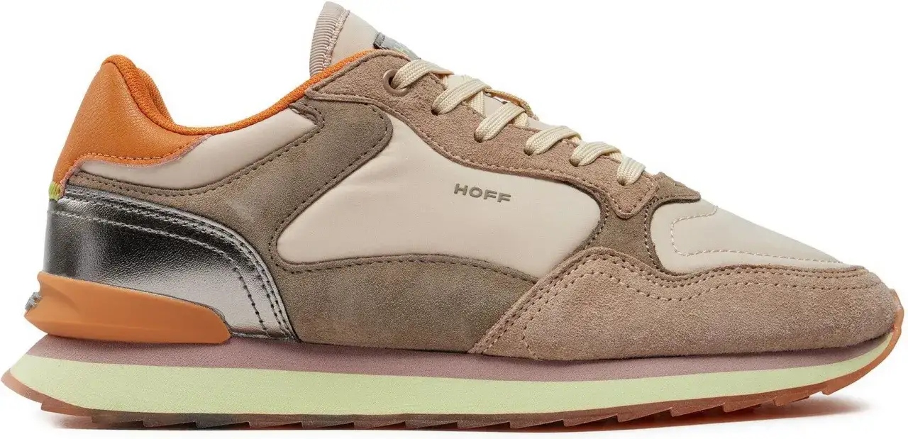 Buty sportowe marki HOFF w odcieniach beżu i brązu, z pomarańczowymi i srebrnymi akcentami.