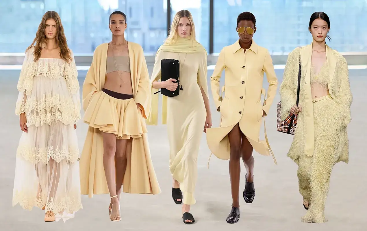 Pięć modelek prezentuje kreacje w odcieniach żółtego, modnego koloru. Od zwiewnej sukni po futrzany płaszcz, każdy strój emanuje elegancją.