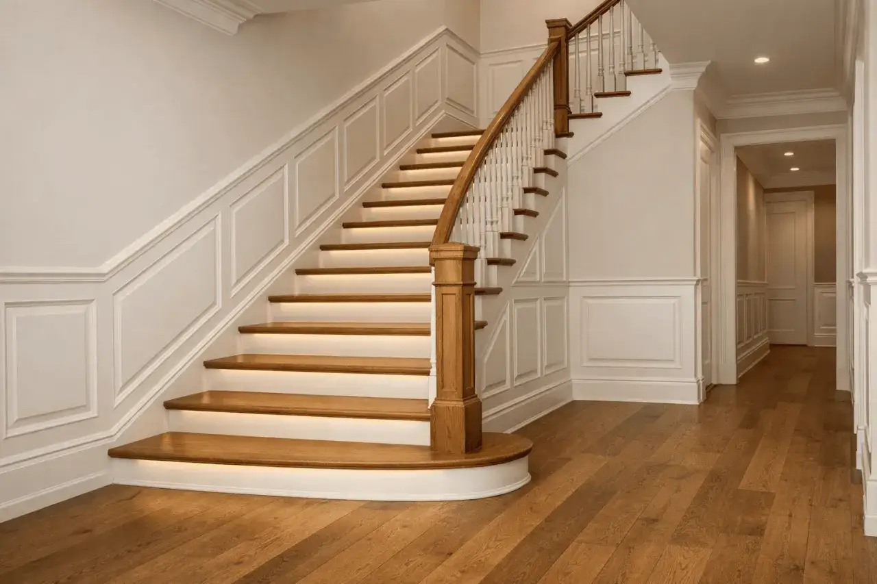 Elegancka boazeria na klatce schodowej z podświetlanymi stopniami i drewnianą poręczą.