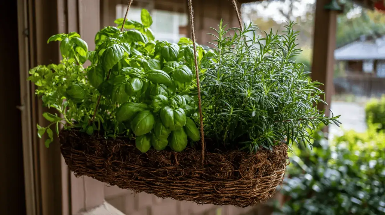 Wisząca doniczka z bazylią i rozmarynem, najbardziej wartościowe zioła dla smaku i zdrowia.
