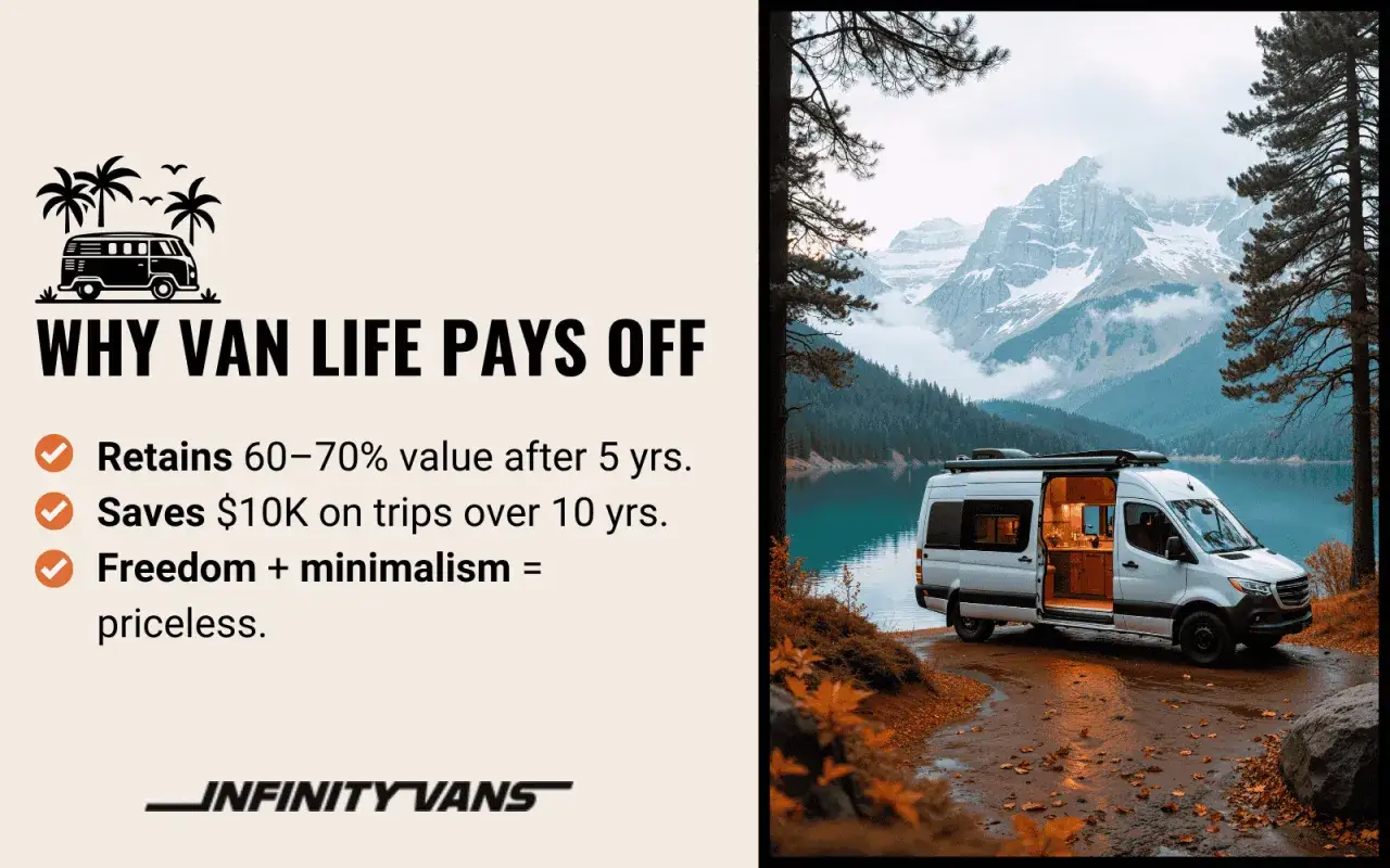 Camper wypożyczenie to wolność i minimalizm. Van stoi nad jeziorem, g&oacute;ry w tle.