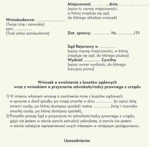 Wniosek o adwokata z urzędu wzór formularza