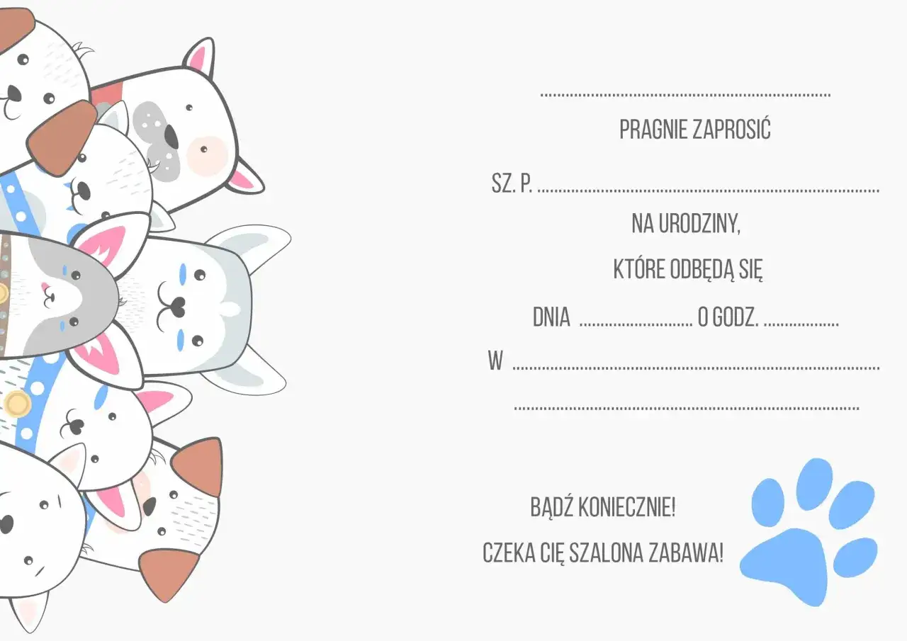 przykładowe zaproszenie urodzinowe z pustymi polami do wypełnienia