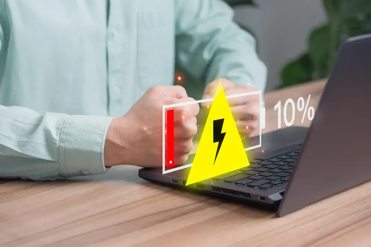 Zaciśnięta pięść obok laptopa z ikoną baterii na 10%. Jak naładować laptopa bez ładowarki?