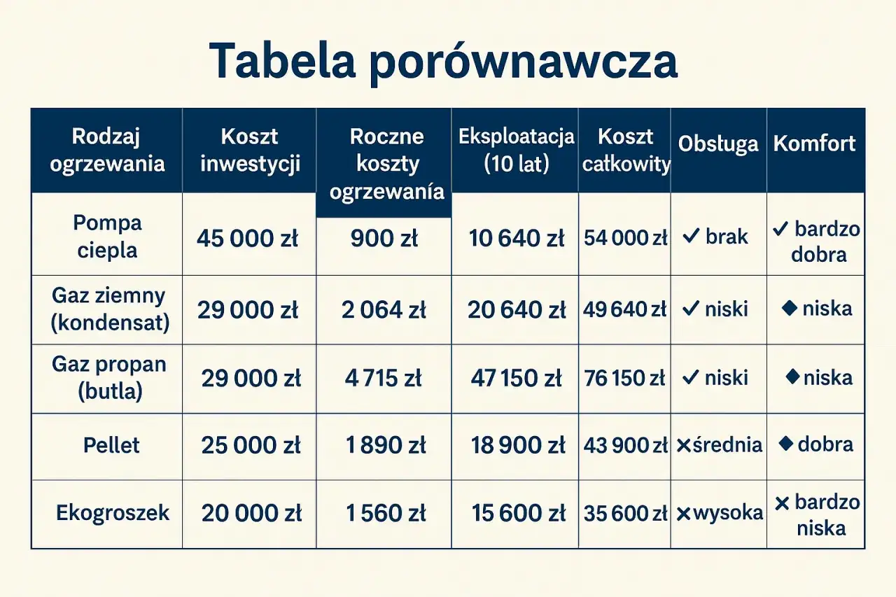 Tabela porównawcza rodzajów ogrzewania: pompa ciepła, gaz ziemny, gaz propan, pellet, ekogroszek. Analiza kosztów inwestycji, eksploatacji i komfortu dla indywidualnego centralnego ogrzewania.