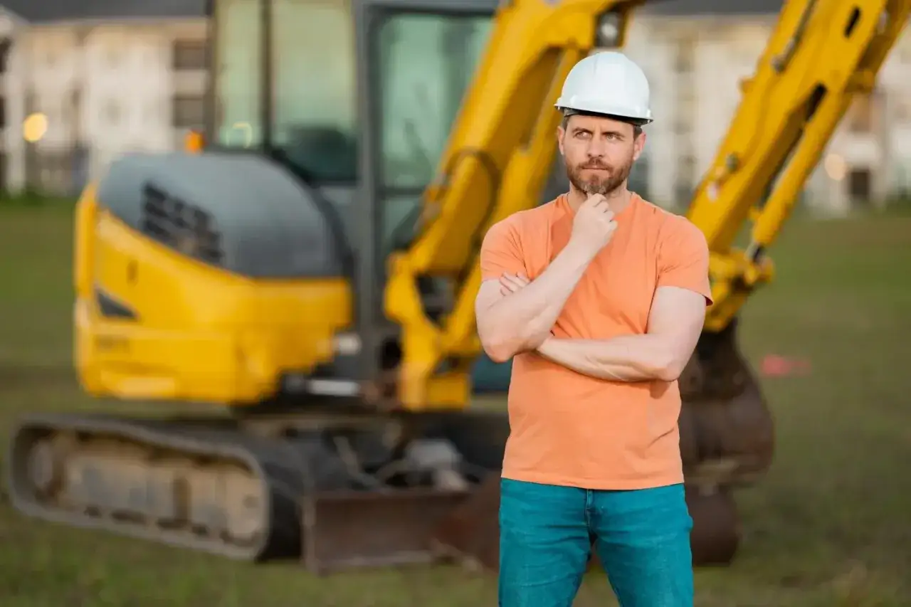 Mężczyzna w kasku zastanawia się nad pracą z mini koparką. Czy ma uprawnienia?