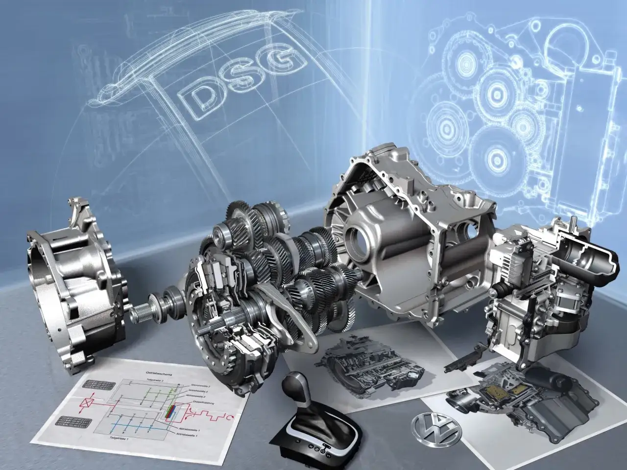 Schemat skrzyni biegów DSG, pokazujący jej mechanizm. Dowiedz się, jak jeździć automatem DSG, analizując budowę.