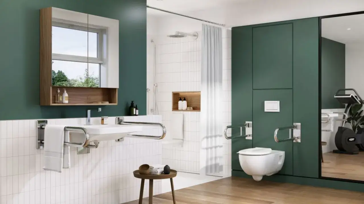 Wnętrze pokoju w domu seniora, łazienka dostosowana dla seniorów