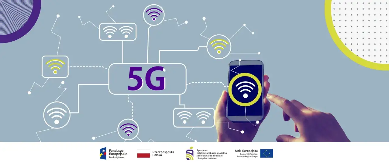 Grafika przedstawia schemat sieci 5G z ikonami Wi-Fi i smartfonem w dłoni.