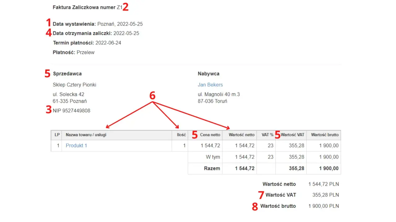 Faktura zaliczkowa nr Z1. Pokazuje dane sprzedawcy i nabywcy, pozycje, kwoty netto, VAT i brutto. Jak księgować fakturę zadatek?