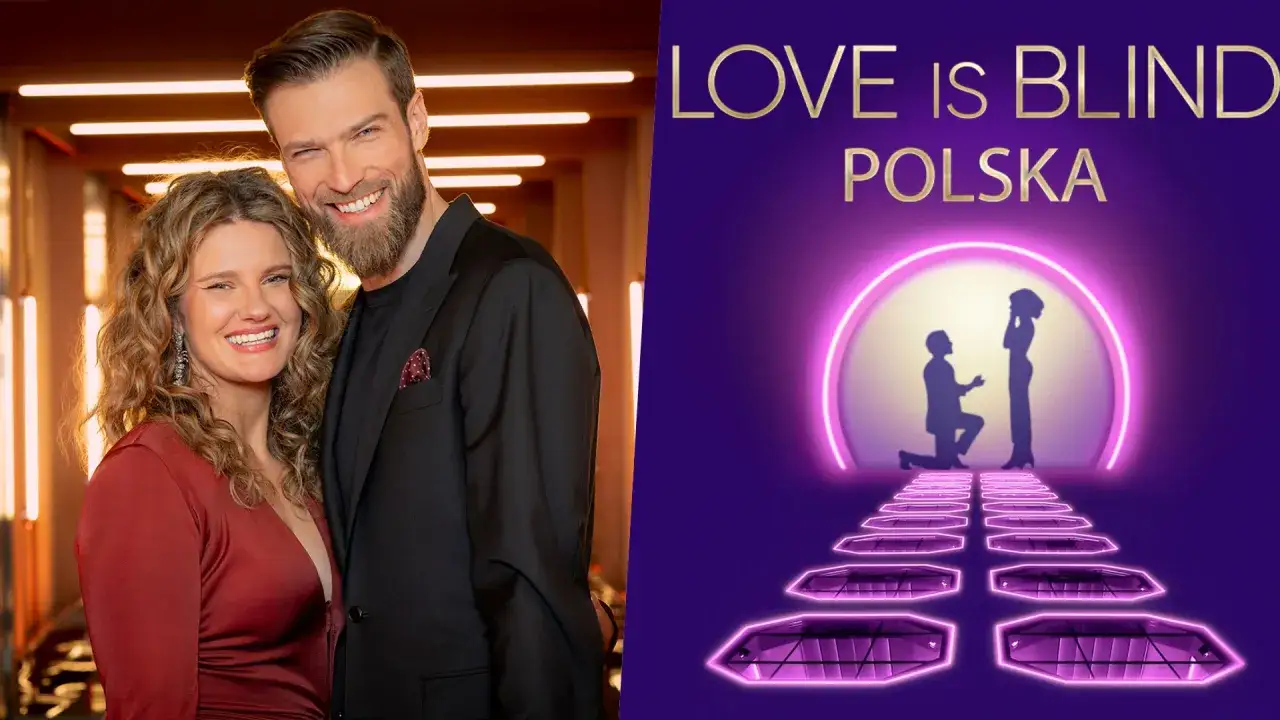 Uśmiechnięta para, kt&oacute;ra udowadnia, że miłość jest ślepa. Obok logo 