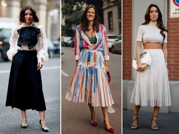 elegancka stylizacja z plisowaną sp&oacute;dnicą i satynowym topem do pracy