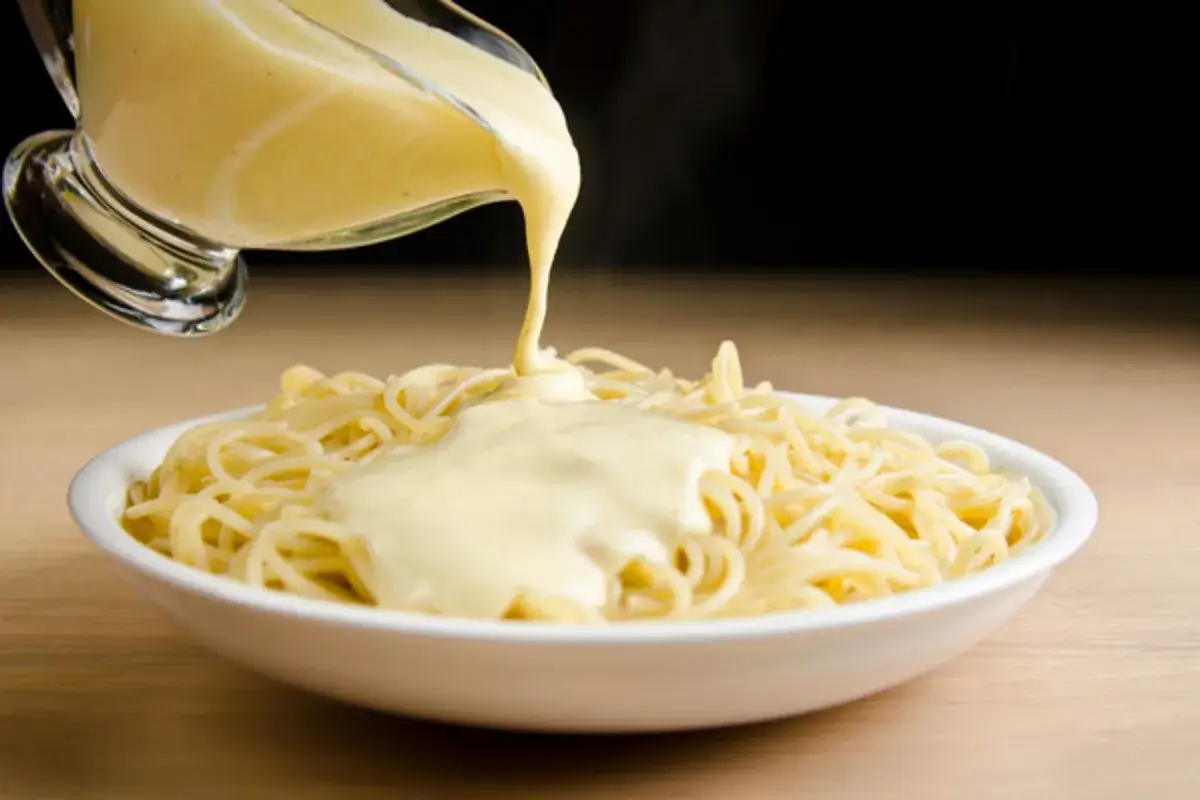 Jak zrobić sos z rosołu? Kremowy sos wylewa się na talerz ze spaghetti.