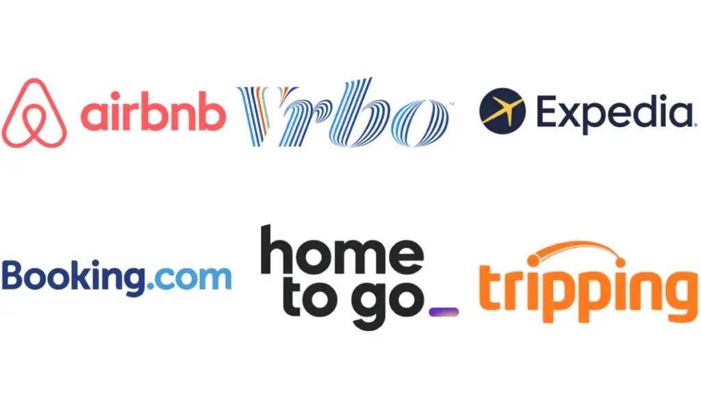 Loga popularnych platform rezerwacyjnych: Booking.com, Airbnb, Nocowanie.pl, Slowhop.com