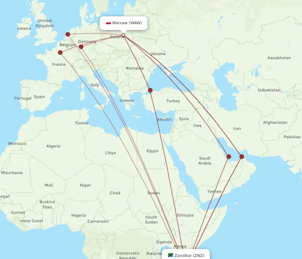 Mapa lotnicza trasy Warszawa Zanzibar z przesiadkami