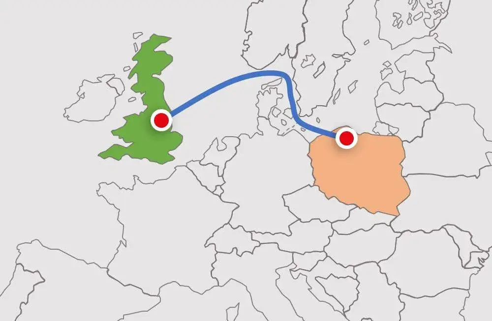 Mapa trasy z UK do Polski