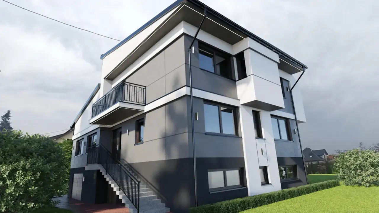 Nowoczesny budynek z szarą i białą elewacją, ozdobioną boniami i listwami elewacyjnymi. Balkon i schody zewnętrzne dodają mu charakteru.