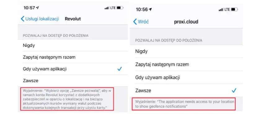 Ustawienia lokalizacji aplikacji iPhone opcje dostępu