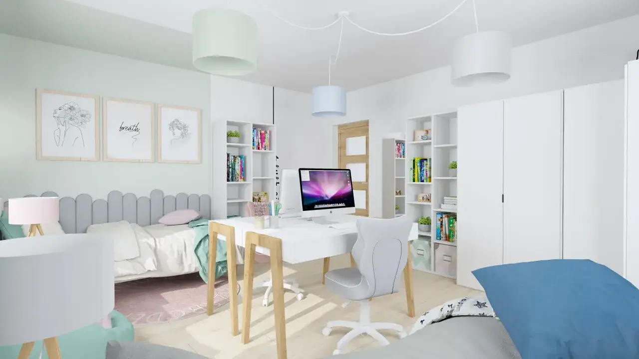 Jak podzielić pokój na dwa dla dzieci? W jasnym pokoju z dwoma łóżkami, biurkiem i regałami, każde dziecko ma swoją przestrzeń.