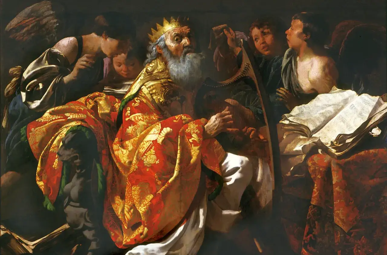 Kr&oacute;l Dawid gra na harfie, otoczony aniołami i uczonymi. Obraz przedstawia scenę z życia kr&oacute;la, być może inspirowaną księgą psalm&oacute;w streszczenie.