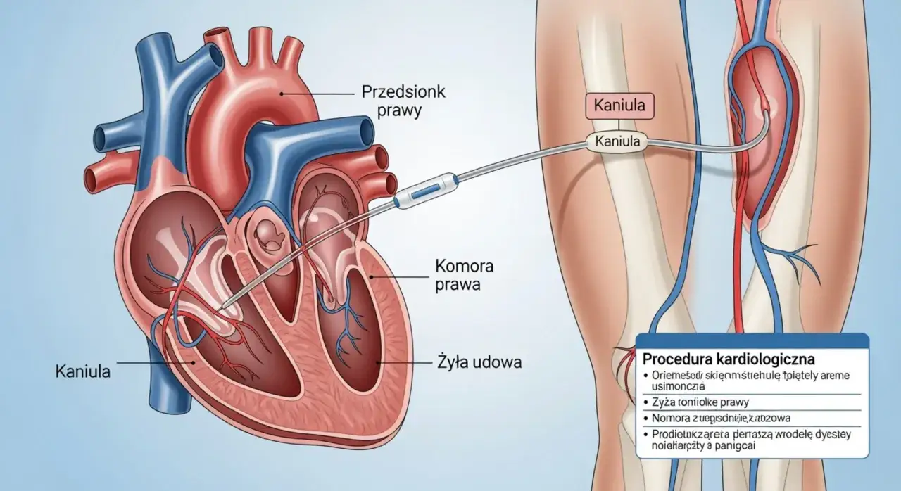 Ilustracja pokazuje, jak ablacja serca jest przeprowadzana za pomocą kaniuli wprowadzanej przez żyłę udową do prawego przedsionka i komory serca.