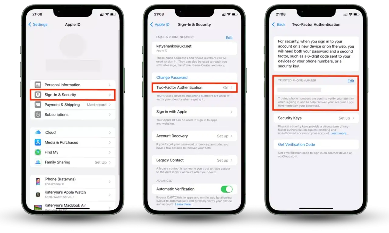 Jak zabezpieczyć iPhone przed hakerami? Włącz uwierzytelnianie dwuskładnikowe w Ustawieniach > Apple ID > Logowanie i bezpieczeństwo.