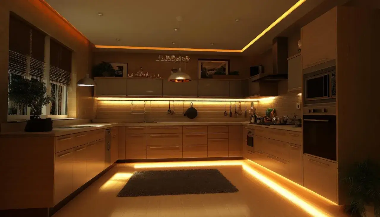 Nowoczesna kuchnia z ciepłym oświetleniem LED pod szafkami. Idealna taśma LED pod szafki kuchenne tworzy przytulną atmosferę.