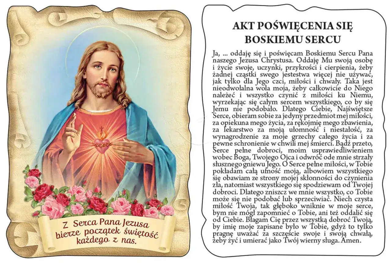 Litania do Najświętszego Serca Pana Jezusa. Obraz przedstawia Jezusa z otwartym Sercem, otoczonego kwiatami, z tekstem modlitwy.