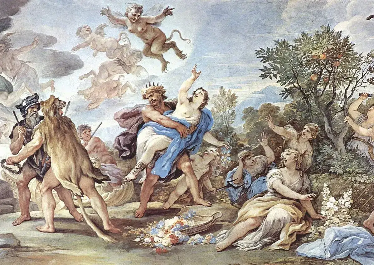 Scena z mitu: Hades porywa Persefonę, podczas gdy nimfy i inne postacie reagują.
