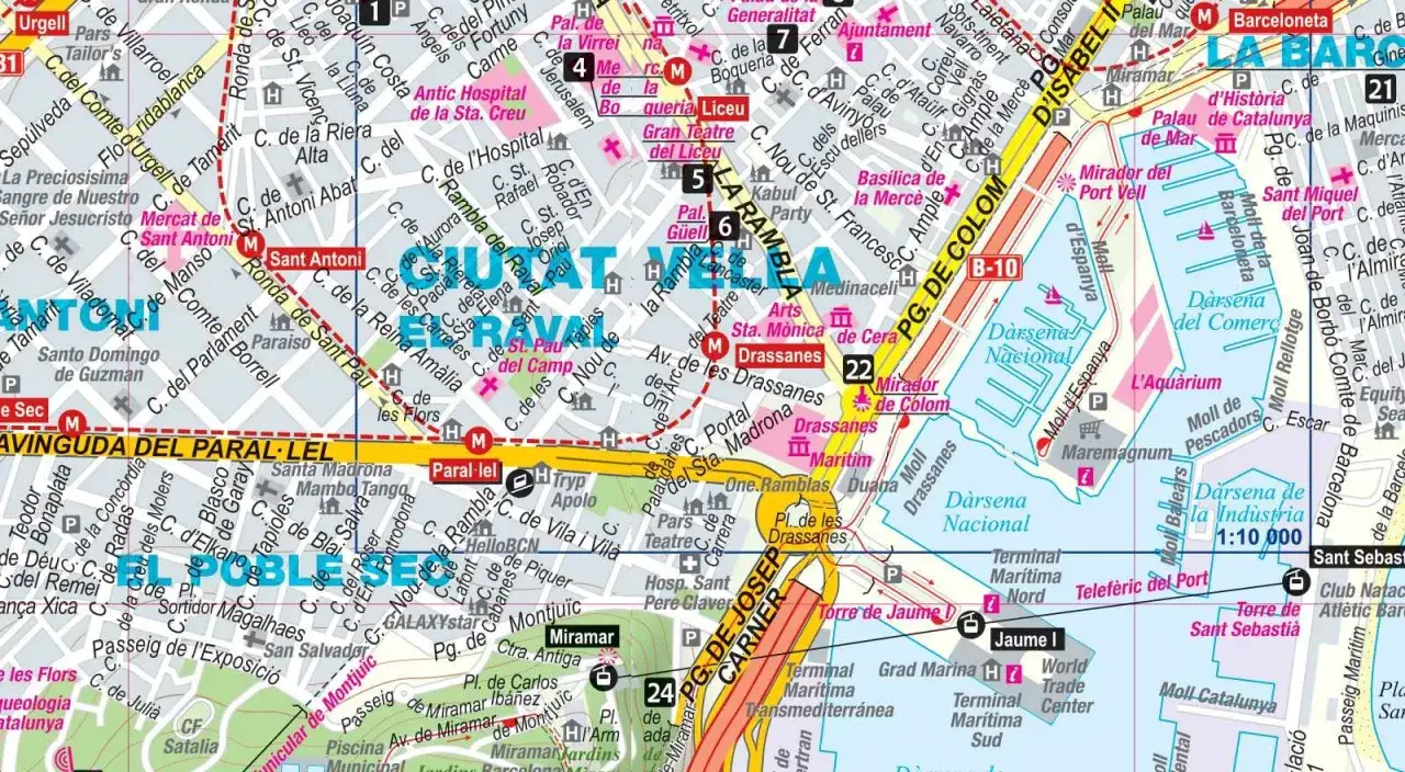 Mapa Barcelony z zaznaczonymi dzielnicami i atrakcjami. Szukasz barcelona noclegi gdzie najlepiej? Sprawdź okolice La Rambla, El Raval i Port Vell.