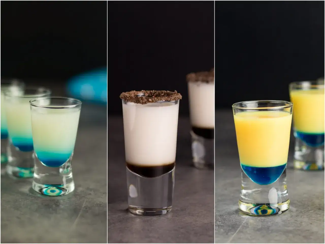Trzy kieliszki z kolorowymi drinkami: shoty warstwowe z niebieskim i żółtym akcentem oraz shot z czekoladową posypką.