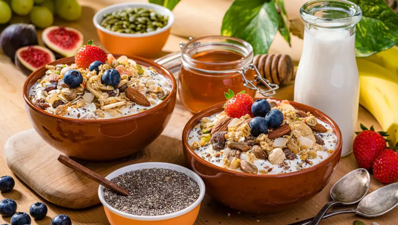 Plato de desayuno pre-entreno con avena, fruta y huevo
