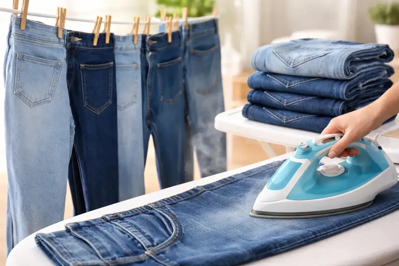 Suszenie i prasowanie jeans&oacute;w po praniu. Stosik czystych spodni i ręka prasująca parą.