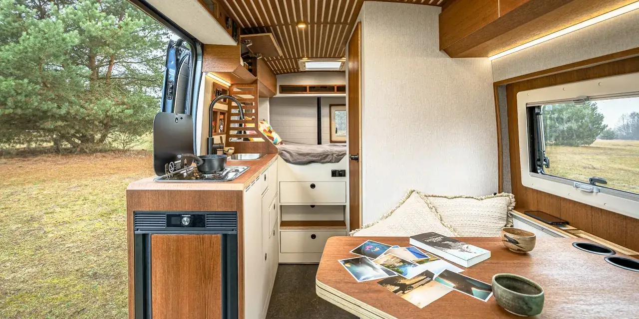 Wnętrze kampera van z aneksem kuchennym, łóżkiem i stolikiem. Na stole zdjęcia z podróży.